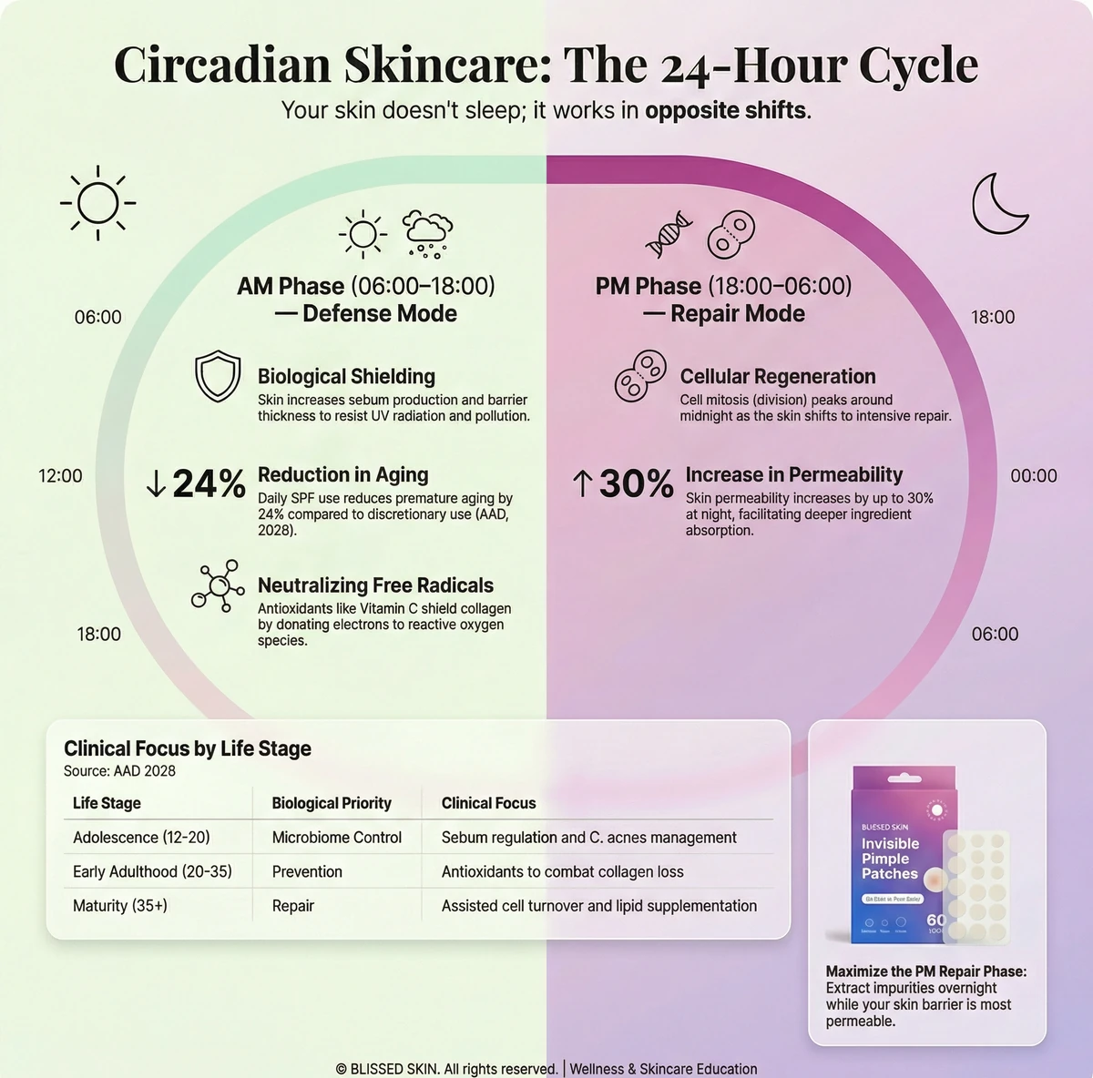 Circadian rhythm infographic showing skin defense functions daytime and cellular repair nighttime cycle